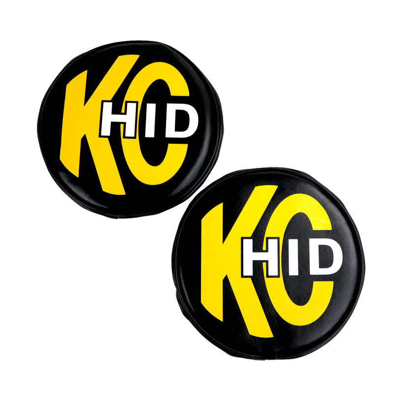 KC HiLiTES 8in. Round Soft Cover HID (Pair) - Black w/Yellow Brushed KC Logo Light Covers and Guards KC HiLiTES