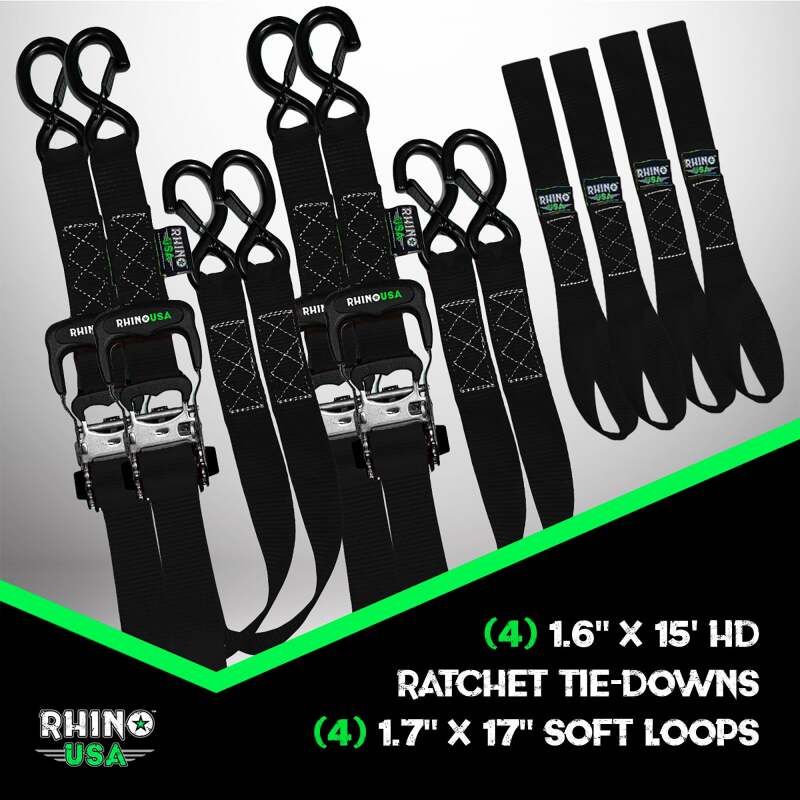 Rhino USA Heavy Duty Ratchet Tie-Down 4-Pack Black 1.6In X 15Ft Cargo Tie-Downs Rhino USA