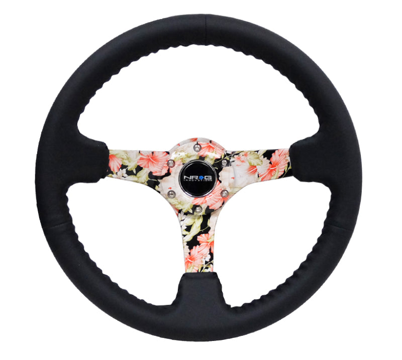 NRG Reinforced Steering Wheel (350mm / 3in. Deep) Blk Leather Floral Dipped w/ Blk Baseball Stitch Steering Wheels NRG
