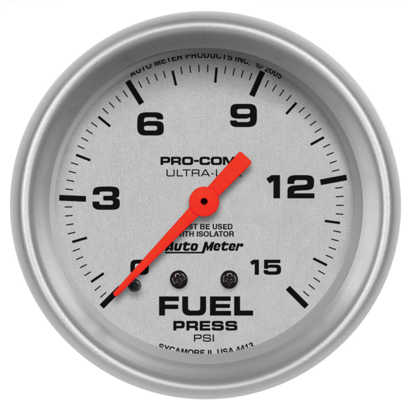 AutoMeter Gauge Fuel Pressure 2-5/8in. 15PSI Mechanical W/Isolator Ultra-Lite Gauges AutoMeter