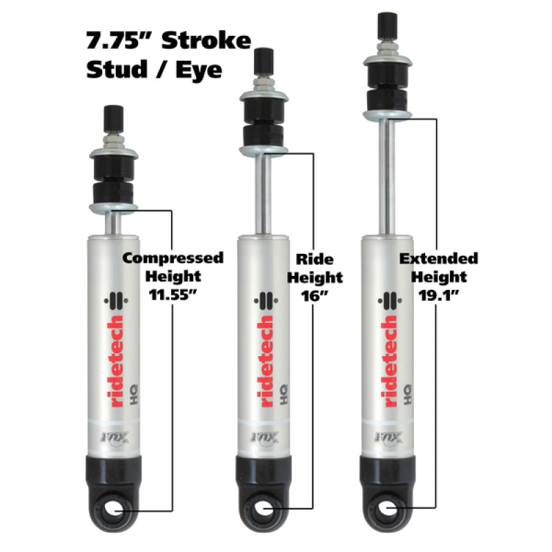 Ridetech HQ Series Shock Absorber Single Adjustable 7.55in Stroke Eye/Stud Mounting 11.55in x 19.1in Shocks and Struts Ridetech