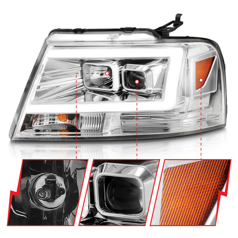 ANZO 2004-2008 Ford F-150 Projector Headlights w/ Light Bar Chrome Housing Headlights ANZO