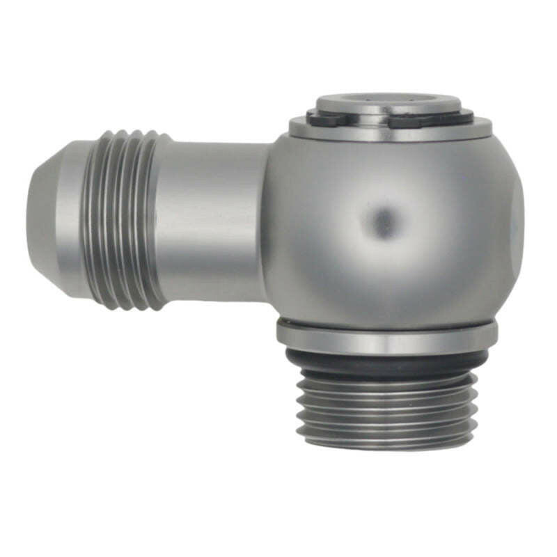 DeatschWerks 8AN ORB Male to 8AN Male Flare Low Profile 90-Degree Swivel - Anodized DW Titanium Fittings DeatschWerks