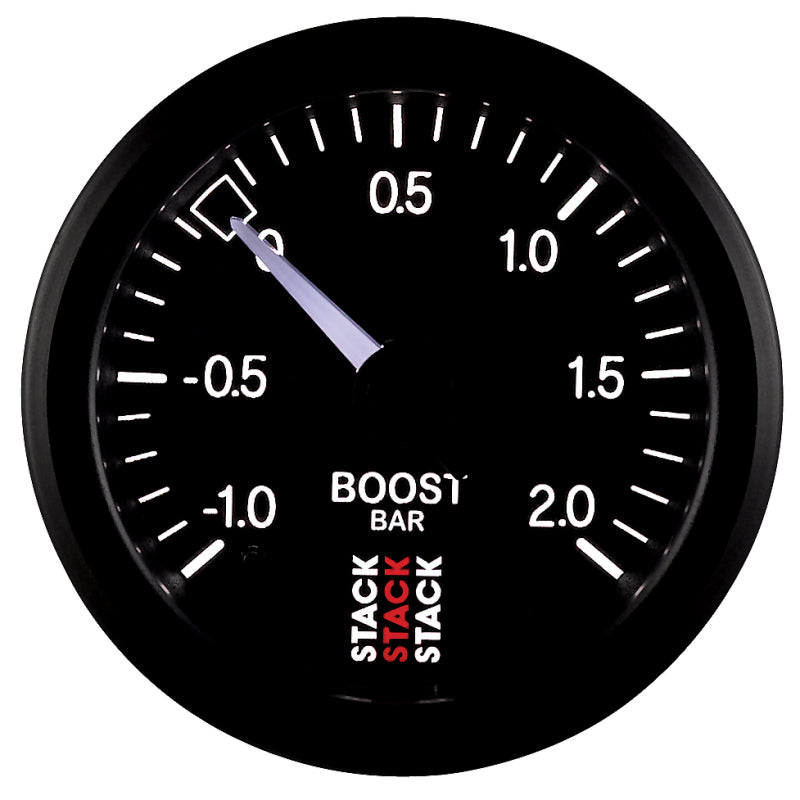 Autometer Stack 52mm -1 to +2 Bar T-Fitting 0.187in Barb (M) Mechanical Boost Pressure Gauge - Black Gauges AutoMeter