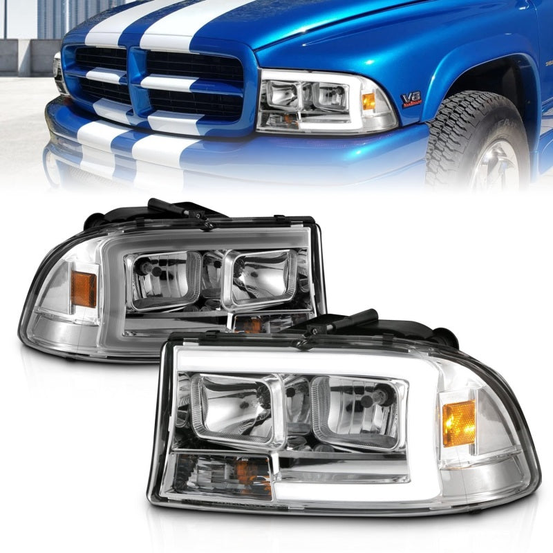 ANZO 97-04 Dodge Dakota/Durango Crystal headlight Set w/ Light Bar Chrome Housing Headlights ANZO