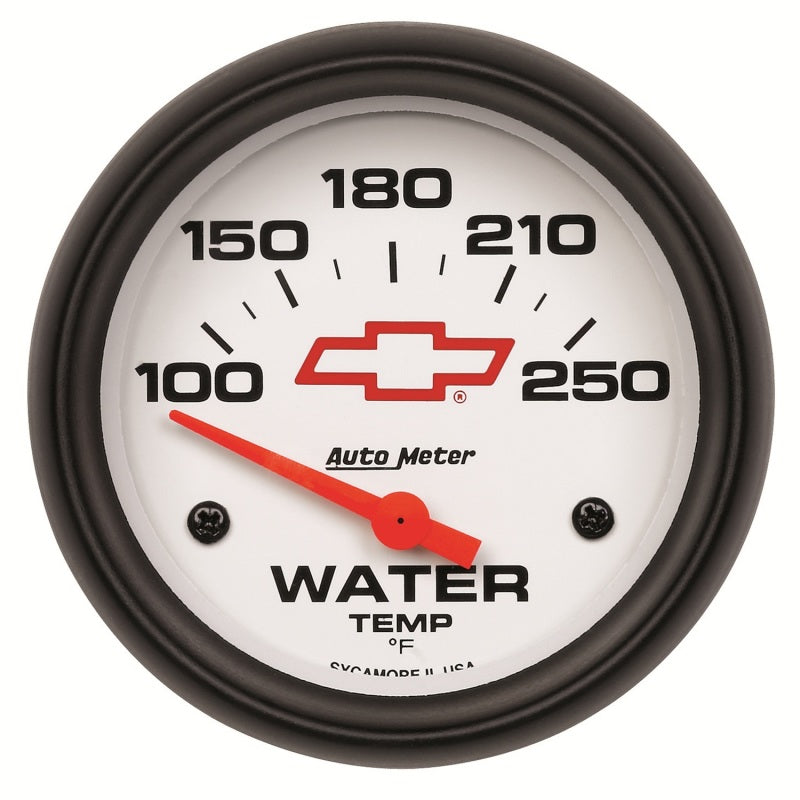 AutoMeter Gauge Water Temp 2-5/8in. 100-250 Deg. F Electric Chevy Red Bowtie White Gauges AutoMeter