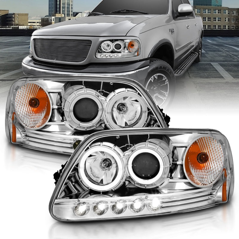 ANZO 1997.5-2003 Ford F-150 Projector Headlights w/ Halo and LED Chrome 1pc Headlights ANZO