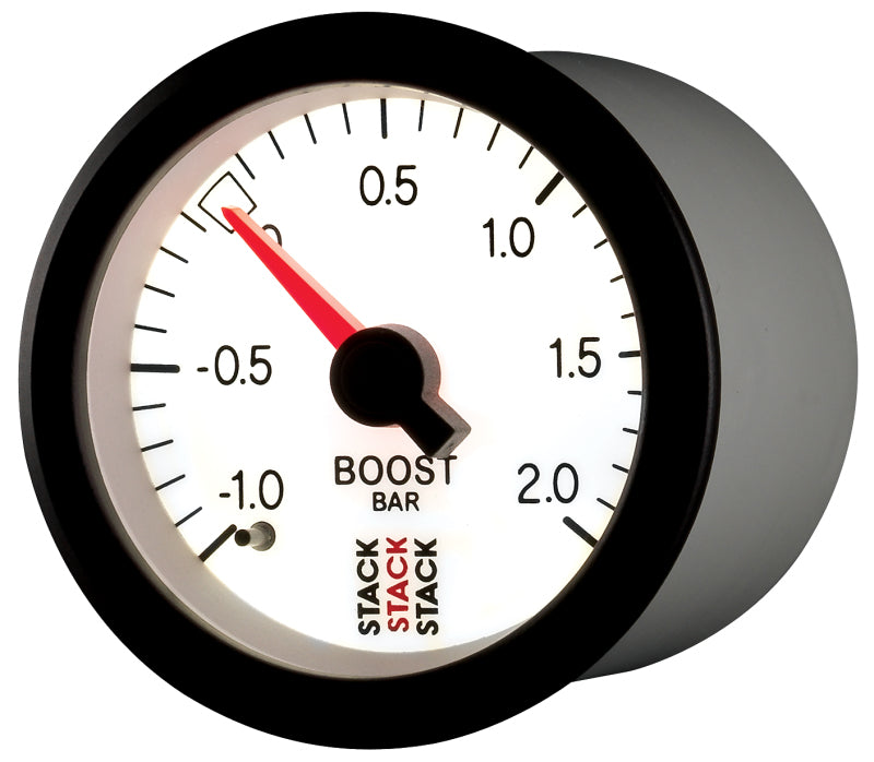 Autometer Stack 52mm -1 to +2 Bar T-Fitting 0.187in Barb (M) Mechanical Boost Pressure Gauge - White Gauges AutoMeter