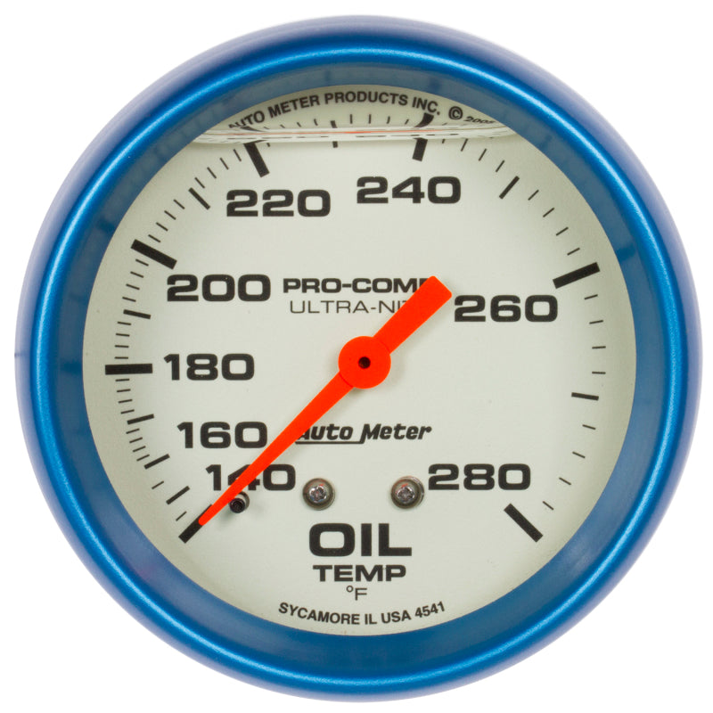 AutoMeter Gauge Oil Temp 2-5/8in. 140-280 Deg. F Liquid Filled Mech Glow In Dark Ultra-Nite Gauges AutoMeter