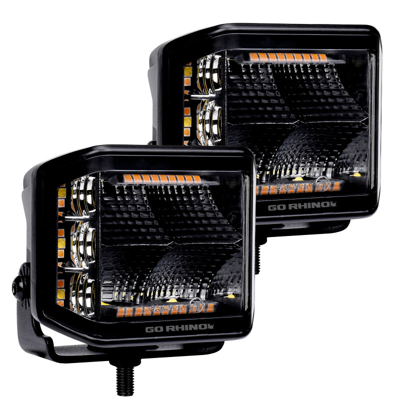 Go Rhino Xplor Blackout Combo Series Cube Sideline LED Flood Lights w/Amber 4x3 - Blk (Pair) Light Bars & Cubes Go Rhino