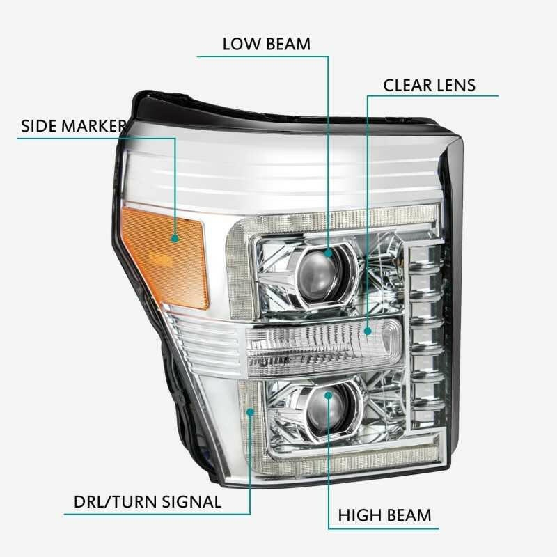 AlphaRex 11-16 Ford F-250 SD PRO-Series Projector Headlights Plank Style Design Chrome w/Seq Signal Headlights AlphaRex