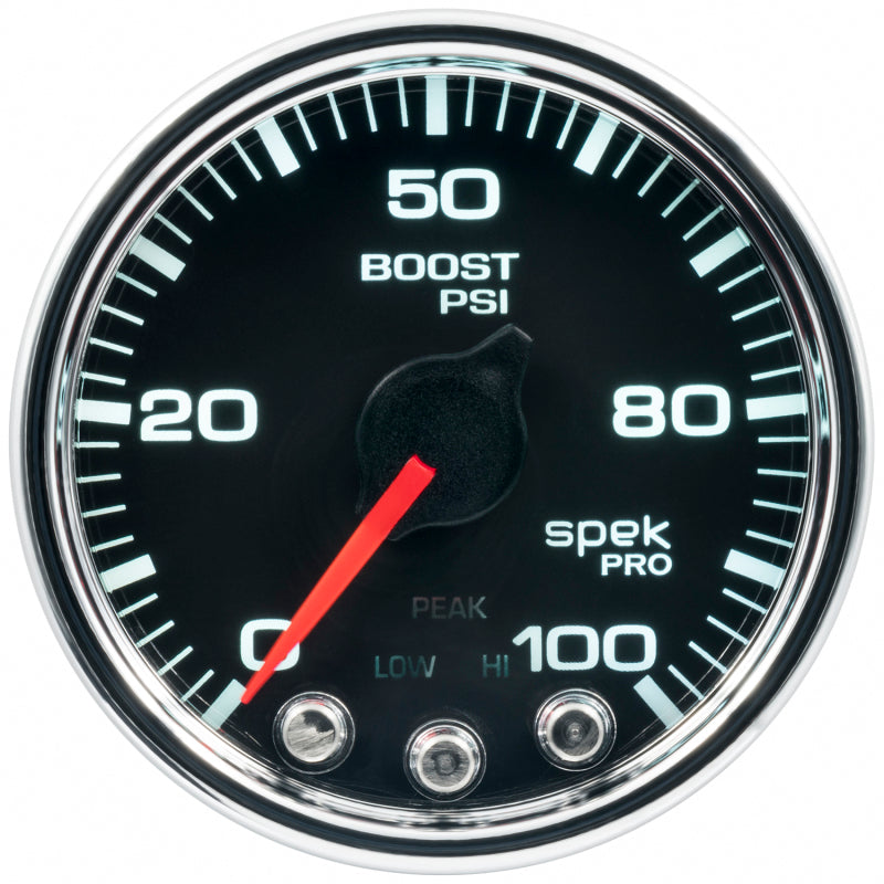 Autometer Spek-Pro Gauge Boost 2 1/16in 100psi Stepper Motor W/Peak & Warn Blk/Chrm Gauges AutoMeter