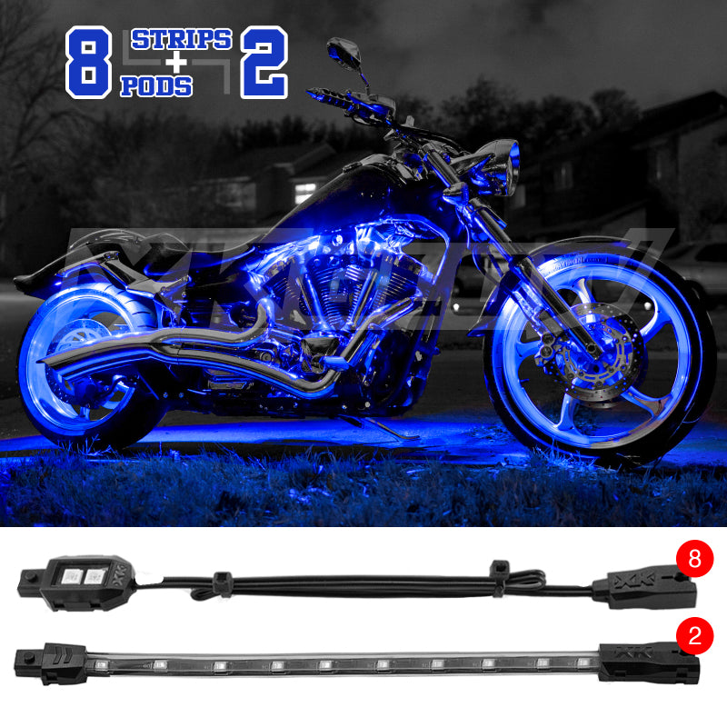 XK Glow Single Color XKGLOW LED Accent Light Motorcycle Kit Blue - 8xPod + 2x8InStrips Light Accessories and Wiring XKGLOW
