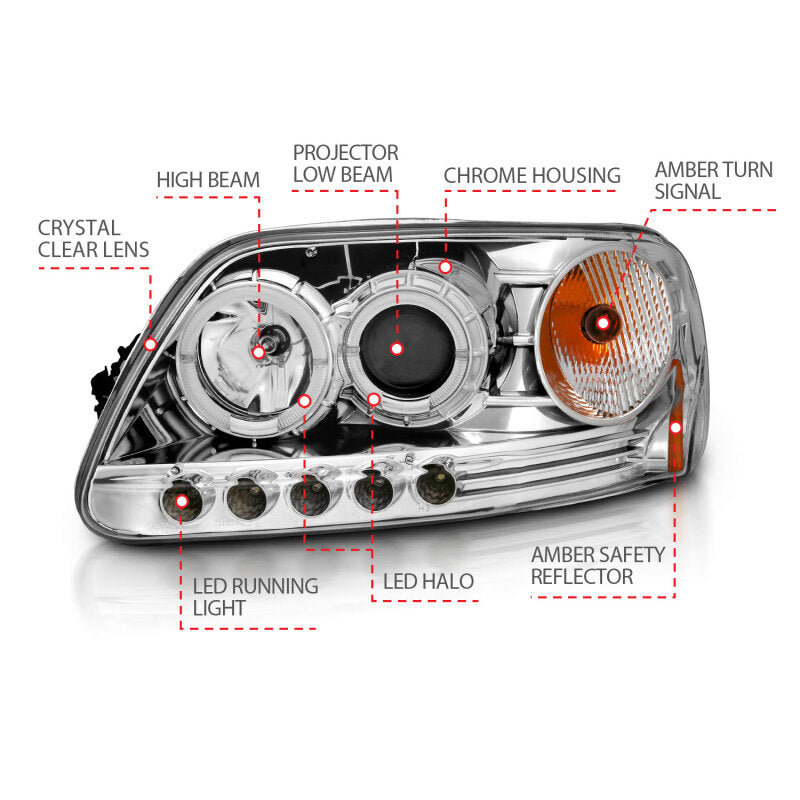 ANZO 1997.5-2003 Ford F-150 Projector Headlights w/ Halo and LED Chrome 1pc Headlights ANZO