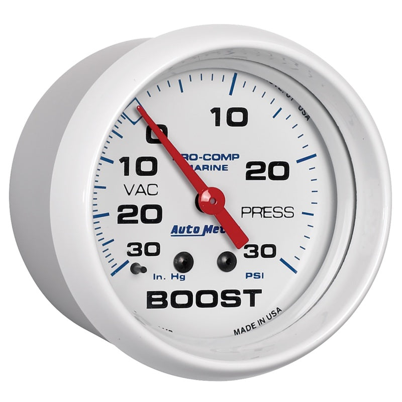 Autometer Marine White Gauge 2-5/8in Mechanical Vacuum/Boost Gauge 30INHG-30PSI Gauges AutoMeter