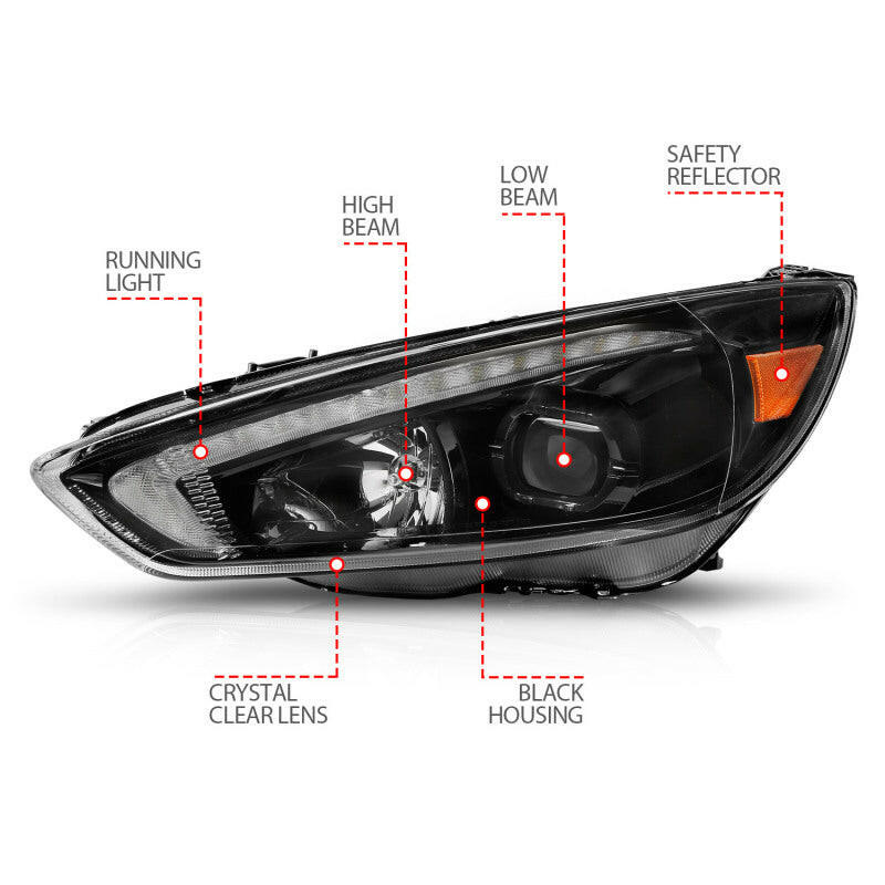ANZO 15-18 Ford Focus Projector Headlights - w/ Light Bar Switchback Black Housing Headlights ANZO