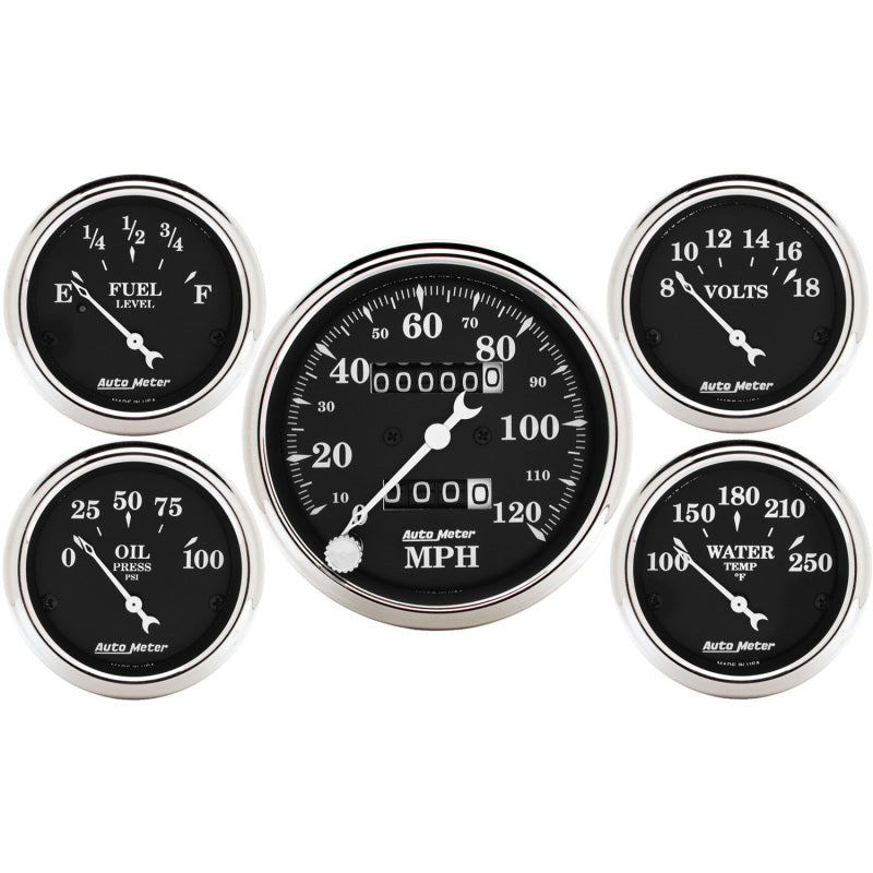Auto Meter Gauge Kit 5 pc. 3 1/8in & 2 1/16in Mechanical Speedometer Old Tyme Black Gauges AutoMeter