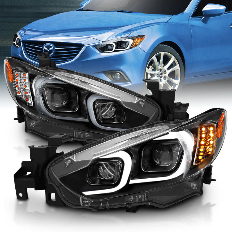 ANZO 2014-2015 Mazda 6 Projector Headlights w/ Plank Style Design Black Headlights ANZO