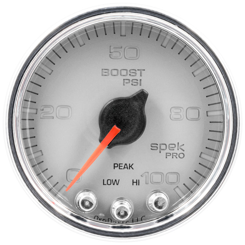 Autometer Spek-Pro Gauge Boost 2 1/16in 100psi Stepper Motor W/Peak & Warn Slvr/Chrm Gauges AutoMeter