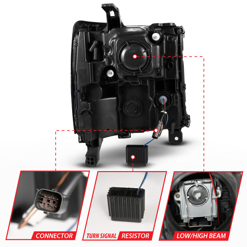 ANZO 16-18 Chevy Silverado1500 (Factory HID Models) LED Prj Light Bar Style Headlights Chrome - Pair Headlights ANZO