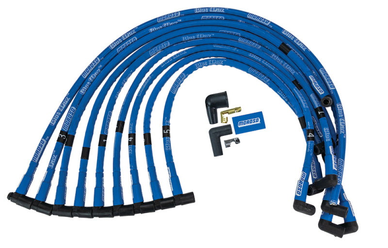 Moroso Chevrolet Small Block Ignition Wire Set - Blue Max - Spiral Core - Sleeved - HEI - 90 Degree Spark Plug Wire Sets Moroso