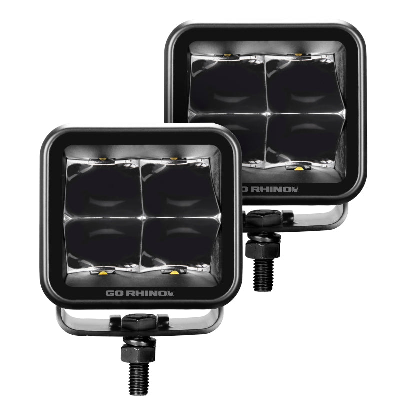 Go Rhino Xplor Blackout Series Cube LED Spot Light Kit (Surface/Threaded Stud Mnt) 3x3 - Blk (Pair) Light Bars & Cubes Go Rhino