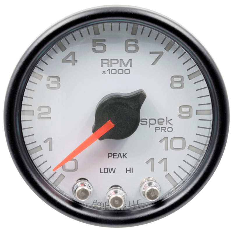 Autometer Spek-Pro Gauge Tach 2 1/16in 11K Rpm W/ Shift Light & Peak Mem Wht/Blk Gauges AutoMeter
