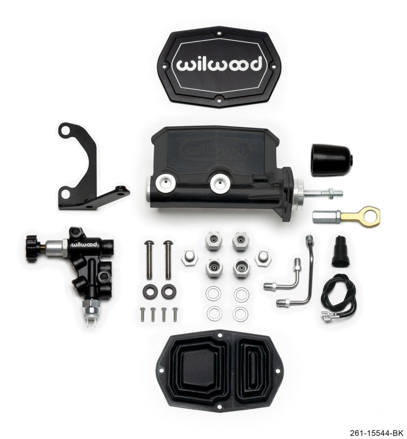 Wilwood Compact Tandem M/C - 1in Bore w/Bracket and Valve fits Mustang (Pushrod) - Black Brake Master Cylinder Wilwood