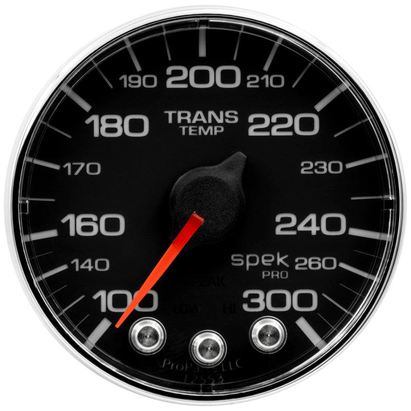 Autometer Spek-Pro Gauge Trans Temp 2 1/16in 300f Stepper Motor W/Peak & Warn Blk/Chrm Gauges AutoMeter