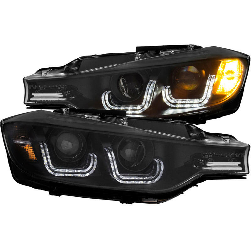 ANZO 2012-2015 BMW 3 Series Projector Headlights w/ U-Bar Black Headlights ANZO