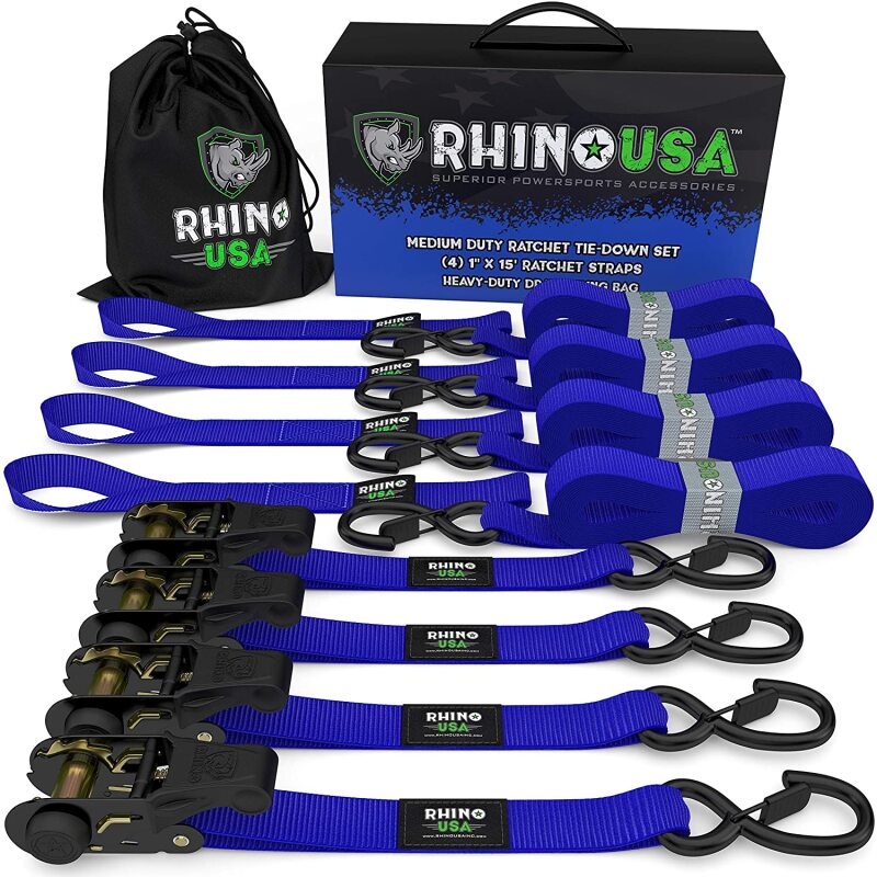 Rhino USA Medium Duty Ratchet Strap Tie-Down 4-Pack (Blue) Cargo Tie-Downs Rhino USA