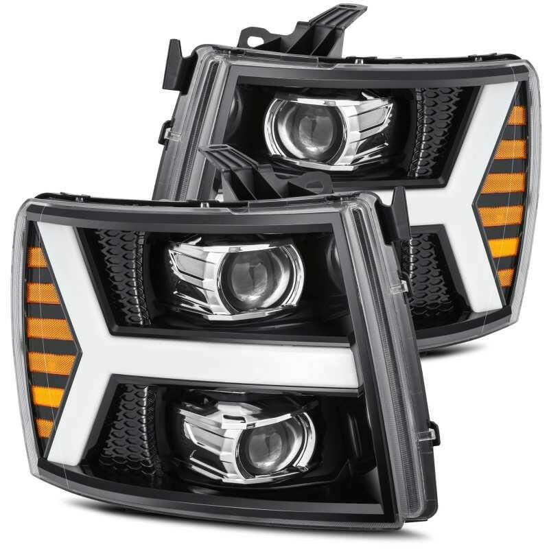 AlphaRex 07-13 Chevy 1500 LUXX LED Proj Headlights Plank Style Jet Blk w/ Activ Light/Seq Signal/DRL Headlights AlphaRex