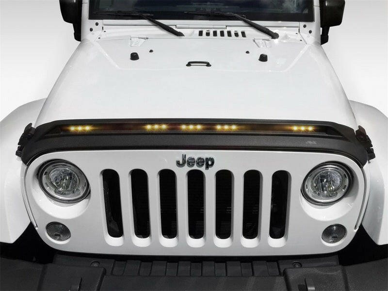 AVS 2007-2018 Jeep Wrangler JK Aeroskin Low Profile Hood Shield w/ Lights - Black Hood Deflectors AVS