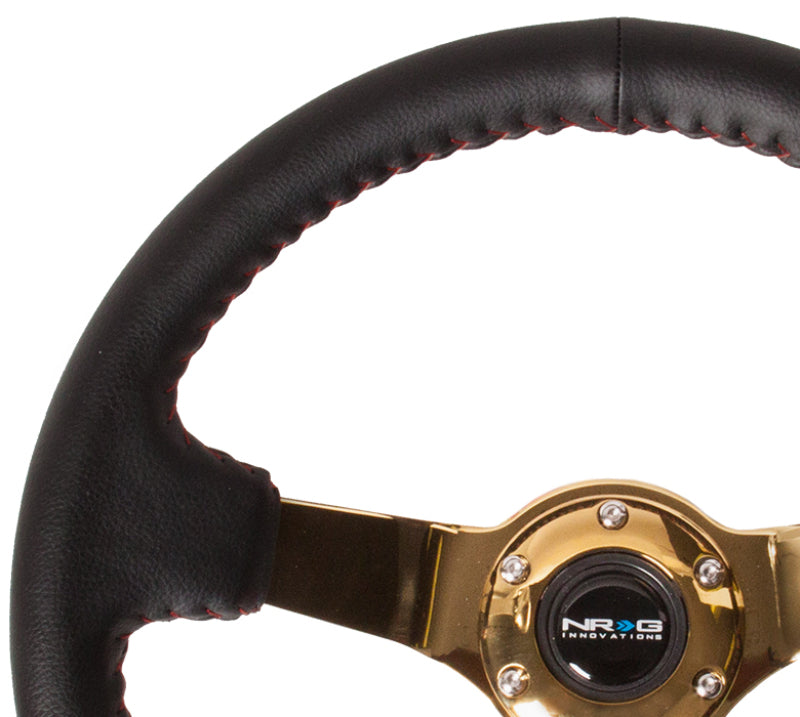 NRG Reinforced Steering Wheel (350mm / 3in. Deep) Blk Leather/Red BBall Stitch w/4mm Gold Spokes Steering Wheels NRG