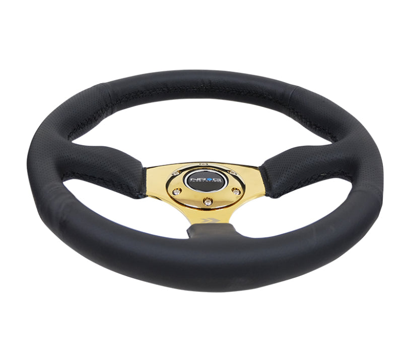 NRG Reinforced Steering Wheel (350mm / 2.5in. Deep) Leather Race Comfort Grip w/4mm Gold Spokes Steering Wheels NRG