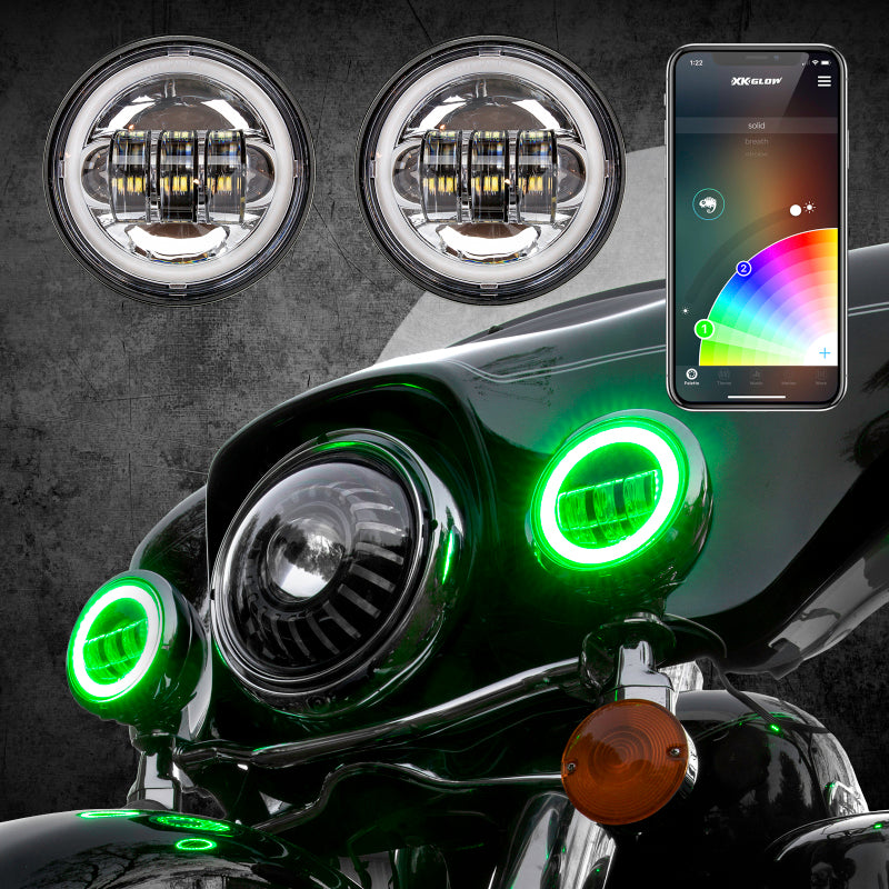 XK Glow 4.5In Chrome RGB LED Harley Running Light XKchrome Bluetooth App Controlled Kit Headlights XKGLOW