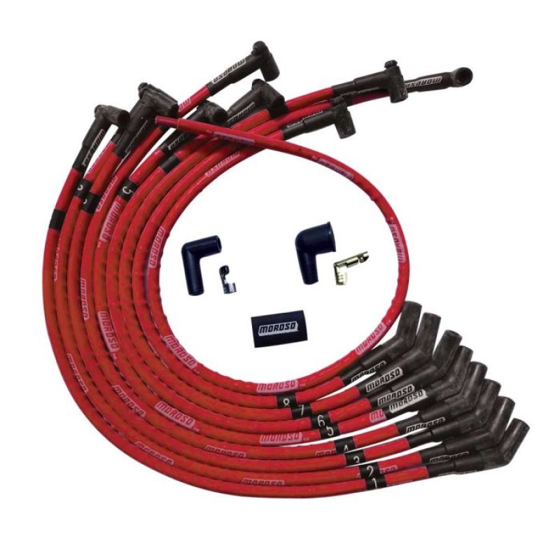 Moroso SB Ford 260/289/302 135 Deg Plug Boots HEI Sleeved Ultra Spark Plug Wire Set - Red Spark Plug Wire Sets Moroso