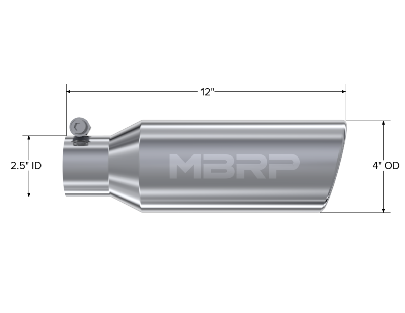 MBRP Universal Tip 4in OD 2.5in Inlet 12in Length Angled Cut Rolled End Clampless No-Weld T304 Steel Tubing MBRP