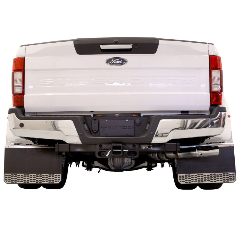 Putco 17-20 Ford SuperDuty Dually - (Fits Rear) - Set of 2 Mud Skins - Brushed SS w/ Hex Shield Mud Flaps Putco