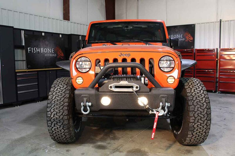 Fishbone Offroad 07-18 Jeep Wrangler JK Stubby Bumper W/Tube Guard - Black Texured Powdercoated Bumpers - Steel Fishbone Offroad