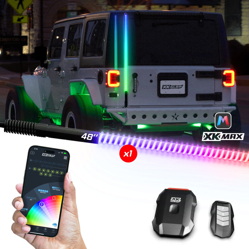 XK Glow 1x 48 XKmax RGBW Advanced App Control LED Whip Light Kit for 4x4 Offroad UTV ATV Light Accessories and Wiring XKGLOW