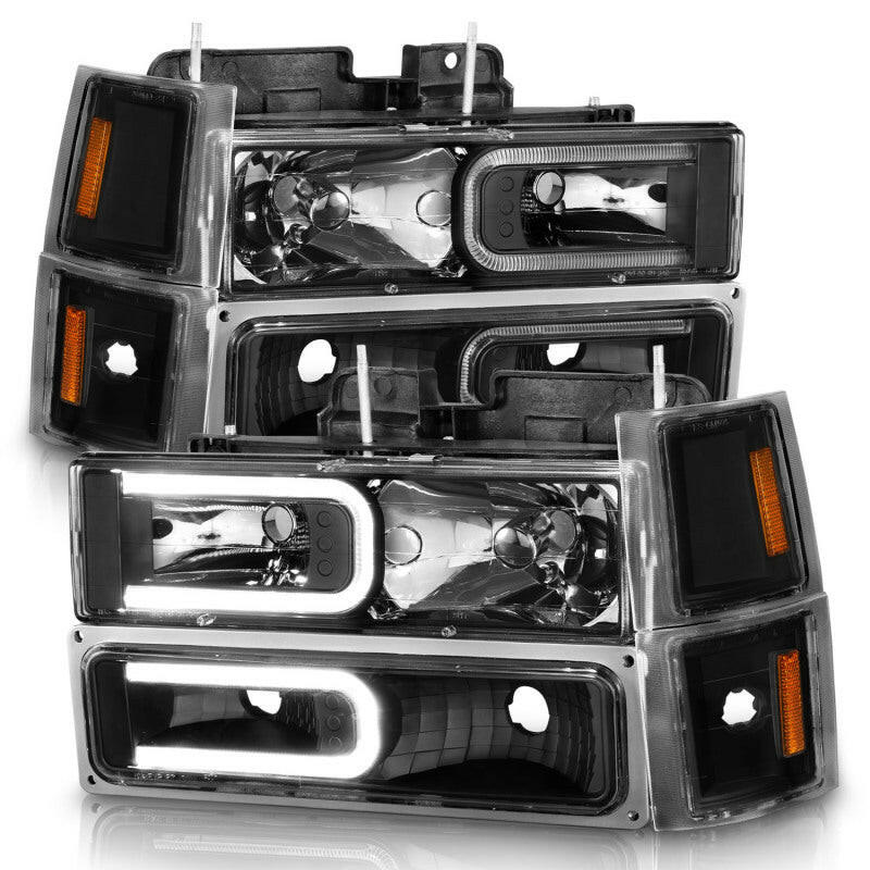 ANZO 88-98 Chevrolet C1500 Crystal Headlights w/ Light Bar Black Housing w/ Signal Side Markers 8Pcs Headlights ANZO