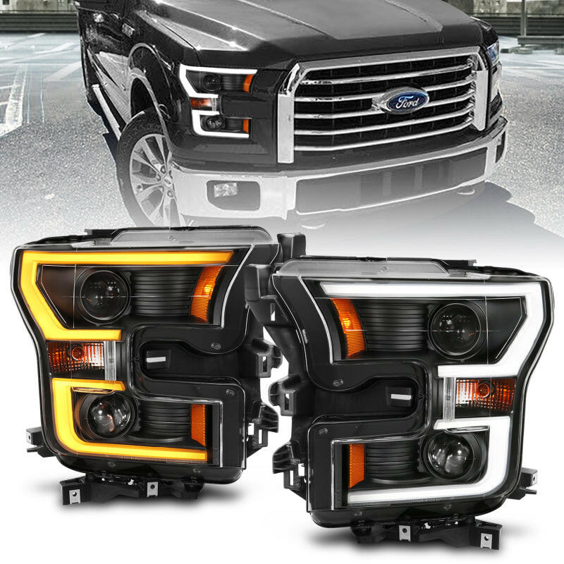 ANZO 2015-2017 Ford F-150 Projector Headlights w/ Plank Style Switchback Black w/ Amber Headlights ANZO
