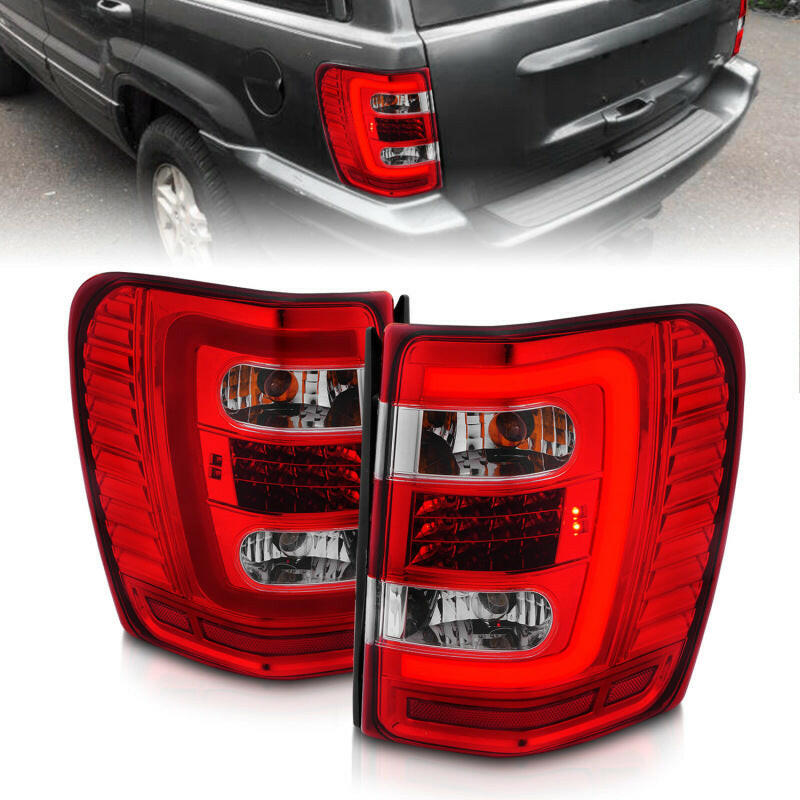 ANZO 1999-2004 Jeep Grand Cherokee LED Tail Lights w/ Light Bar Chrome Housing Red/Clear Lens Tail Lights ANZO