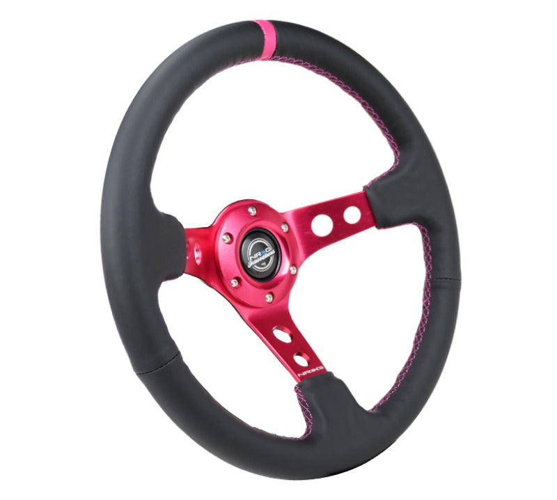 NRG Reinforced Steering Wheel (350mm/3in. Deep) Black Leather/ Fushia Center Mark/ Fushia Stitching Steering Wheels NRG