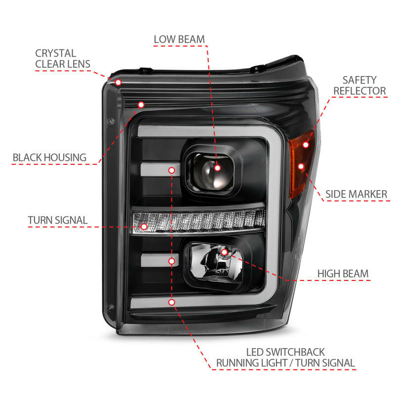 ANZO 2011-2016 Ford F250 Projector Headlights w/ Plank Style Switchback Black w/ Amber Headlights ANZO