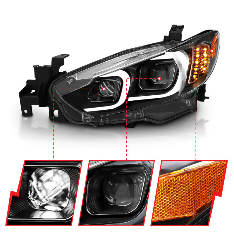 ANZO 2014-2015 Mazda 6 Projector Headlights w/ Plank Style Design Black Headlights ANZO