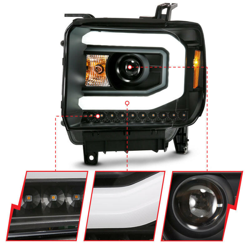 ANZO GMC SIERRA 1500 14-15 2500H/15-19 Projector Headlight Plank Style Black w/ Switchback (Halogen) Headlights ANZO