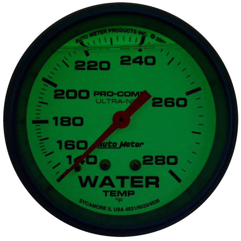 Autometer Ultra-Nite 2-5/8in 140-280 Degree Liquid Filled Mechanical Glow In Dark Water Temp Gauge Gauges AutoMeter