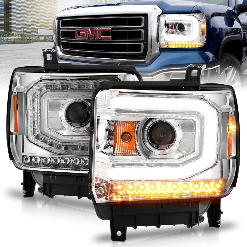 ANZO 2014-2015 GMC Sierra 1500 Projector Headlights w/ Light Bar Chrome Housing (Halogen Type) Headlights ANZO